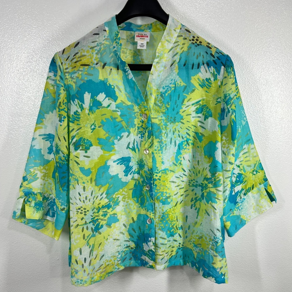Ruby Rd Floral Button‎ Down Top 3/4 Sleeve Lightweight Blouse Blue Yellow 18W